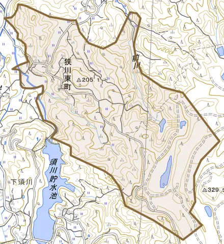 狭川東町とその周辺の地図。町の範囲を重ねている