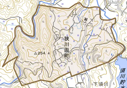 狭川両町とその周辺の地図。町の範囲を重ねている