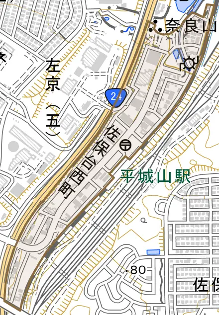 佐保台西町とその周辺の地図。町の範囲を重ねている
