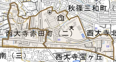 西大寺赤田町とその周辺の地図。町の範囲を重ねている