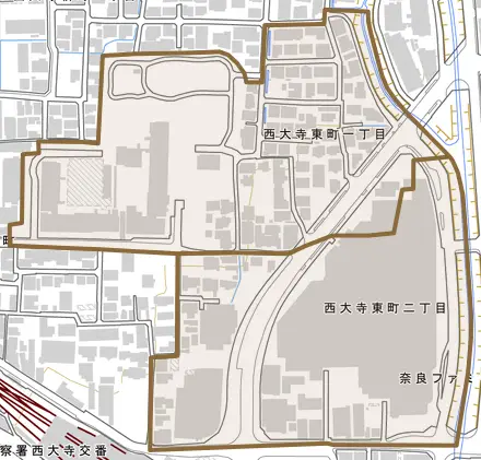 西大寺東町とその周辺の地図。町の範囲を重ねている