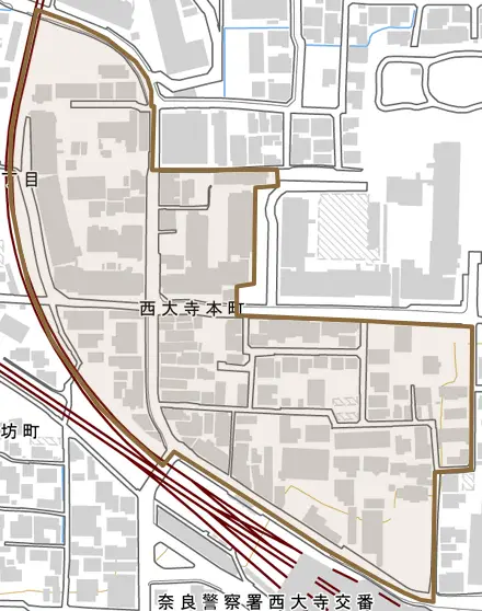 西大寺本町とその周辺の地図。町の範囲を重ねている