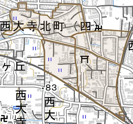 西大寺北町とその周辺の地図。町の範囲を重ねている