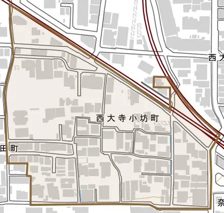 西大寺小坊町とその周辺の地図。町の範囲を重ねている