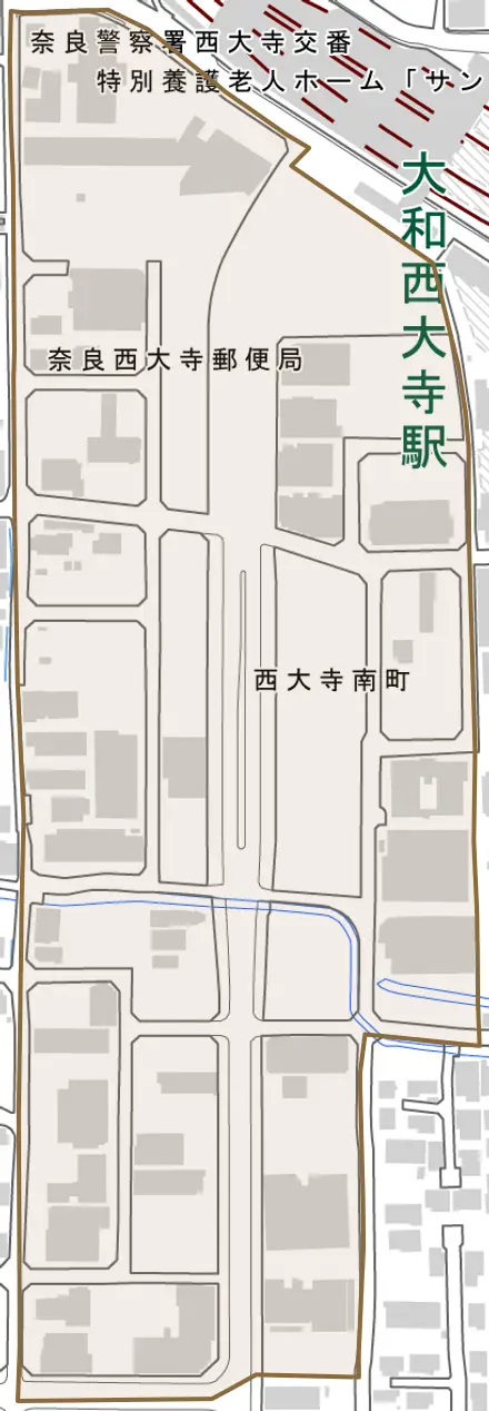 西大寺南町とその周辺の地図。町の範囲を重ねている