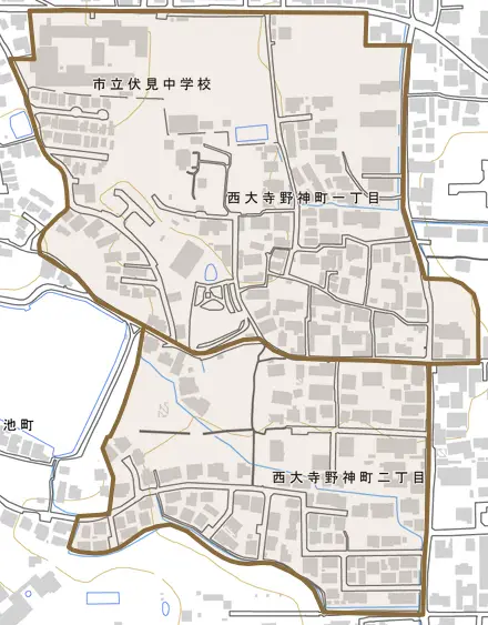 西大寺野神町とその周辺の地図。町の範囲を重ねている