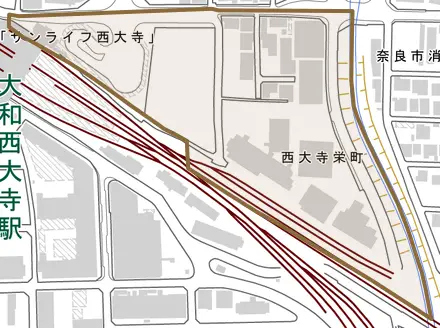 西大寺栄町とその周辺の地図。町の範囲を重ねている