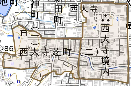 西大寺芝町とその周辺の地図。町の範囲を重ねている