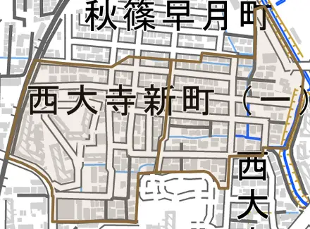 西大寺新町とその周辺の地図。町の範囲を重ねている