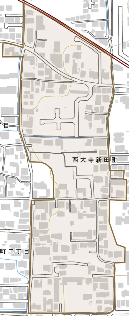 西大寺新田町とその周辺の地図。町の範囲を重ねている