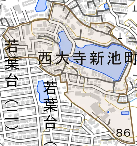 西大寺新池町とその周辺の地図。町の範囲を重ねている