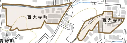 西大寺町とその周辺の地図。町の範囲を重ねている