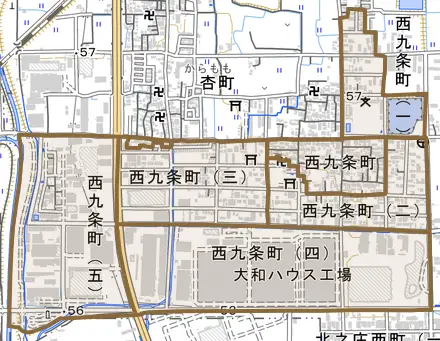 西九条町とその周辺の地図。町の範囲を重ねている