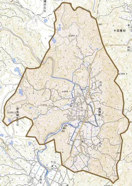 阪原町とその周辺の地図。町の範囲を重ねている