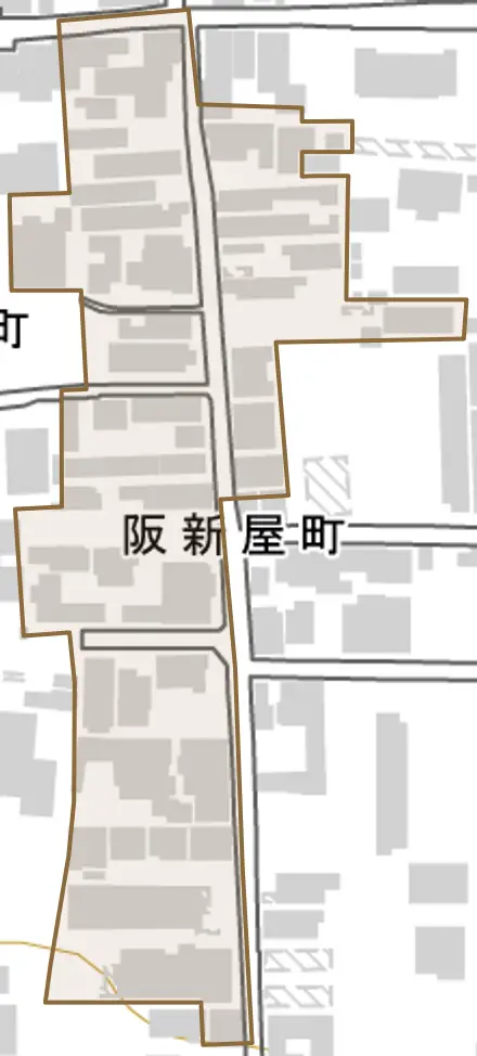 阪新屋町とその周辺の地図。町の範囲を重ねている