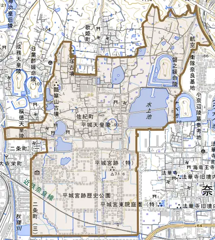 佐紀町とその周辺の地図。町の範囲を重ねている