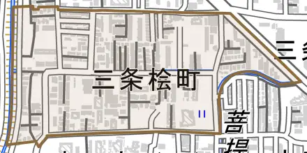 三条桧町とその周辺の地図。町の範囲を重ねている