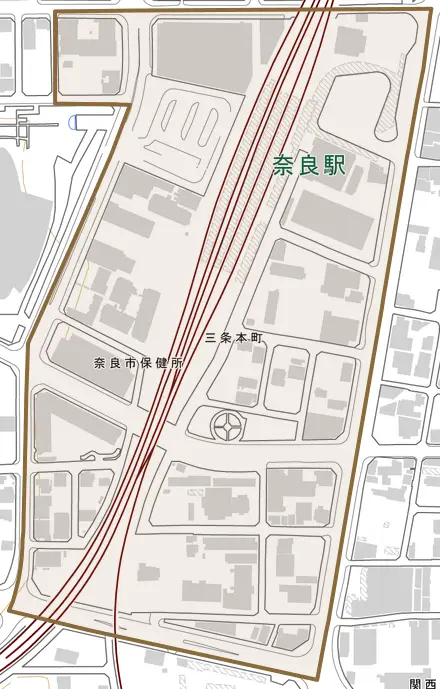 三条本町とその周辺の地図。町の範囲を重ねている