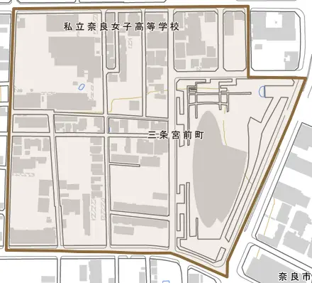 三条宮前町とその周辺の地図。町の範囲を重ねている