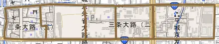 三条大路とその周辺の地図。町の範囲を重ねている