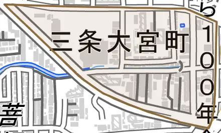 三条大宮町とその周辺の地図。町の範囲を重ねている