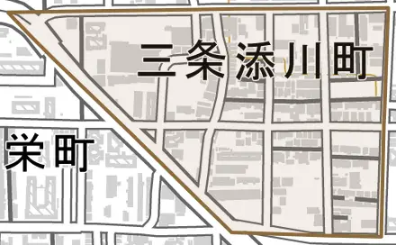 三条添川町とその周辺の地図。町の範囲を重ねている
