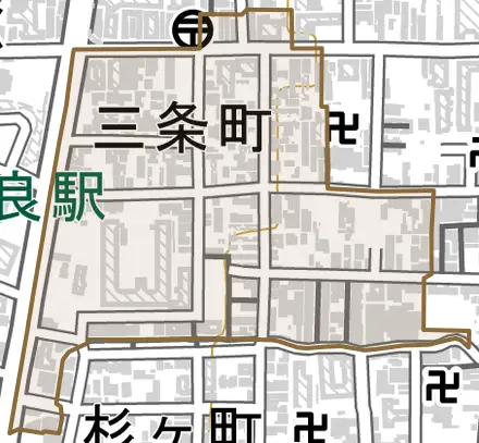 三条町とその周辺の地図。町の範囲を重ねている