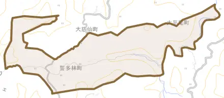 誓多林町とその周辺の地図。町の範囲を重ねている
