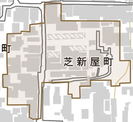 芝新屋町とその周辺の地図。町の範囲を重ねている