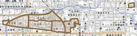 芝辻町とその周辺の地図。町の範囲を重ねている