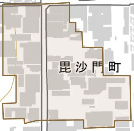 芝突抜町とその周辺の地図。町の範囲を重ねている