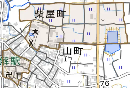 柴屋町とその周辺の地図。町の範囲を重ねている