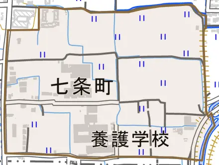 七条町とその周辺の地図。町の範囲を重ねている