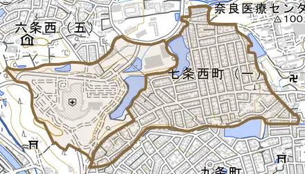 七条西町とその周辺の地図。町の範囲を重ねている