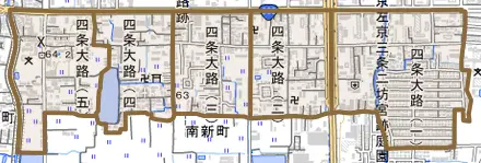 四条大路とその周辺の地図。町の範囲を重ねている