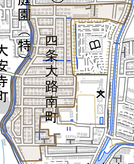四条大路南町とその周辺の地図。町の範囲を重ねている