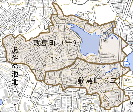 敷島町とその周辺の地図。町の範囲を重ねている