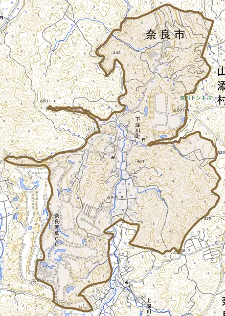 下深川町とその周辺の地図。町の範囲を重ねている