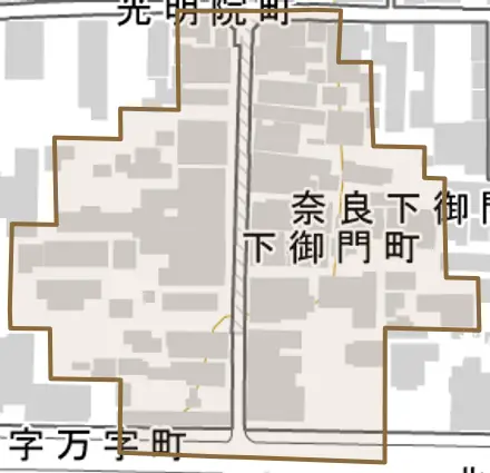 下御門町とその周辺の地図。町の範囲を重ねている