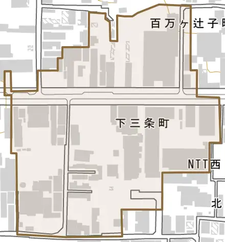 下三条町とその周辺の地図。町の範囲を重ねている
