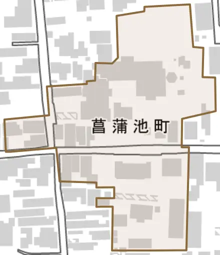 菖蒲池町とその周辺の地図。町の範囲を重ねている
