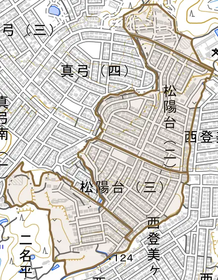 松陽台とその周辺の地図。町の範囲を重ねている