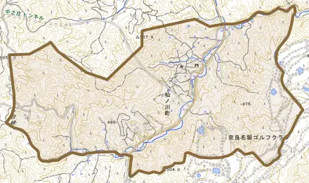 杣ノ川町とその周辺の地図。町の範囲を重ねている