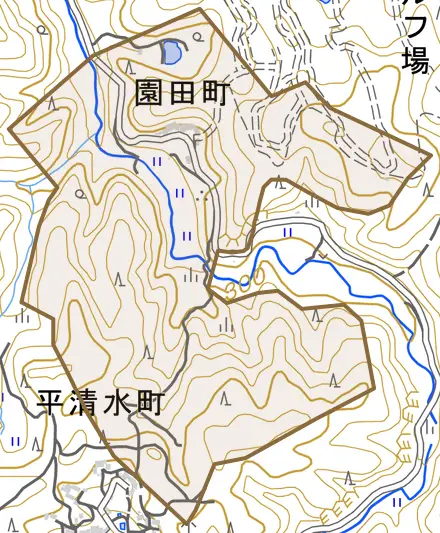 園田町とその周辺の地図。町の範囲を重ねている