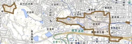 菅原町とその周辺の地図。町の範囲を重ねている