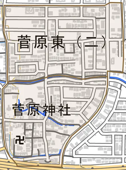 菅原東とその周辺の地図。町の範囲を重ねている