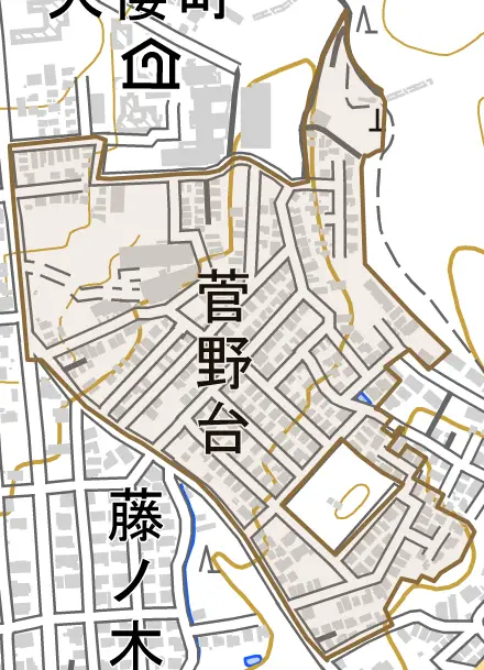 菅野台とその周辺の地図。町の範囲を重ねている