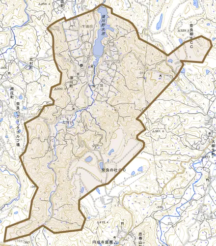 須川町とその周辺の地図。町の範囲を重ねている