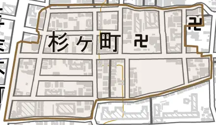 杉ヶ町とその周辺の地図。町の範囲を重ねている