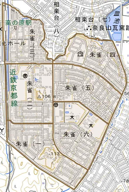 朱雀とその周辺の地図。町の範囲を重ねている